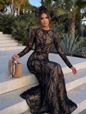 Elegant Black Floral Lace Long Sleeve Bodycon Maxi Dress Size XL Wedding Guest